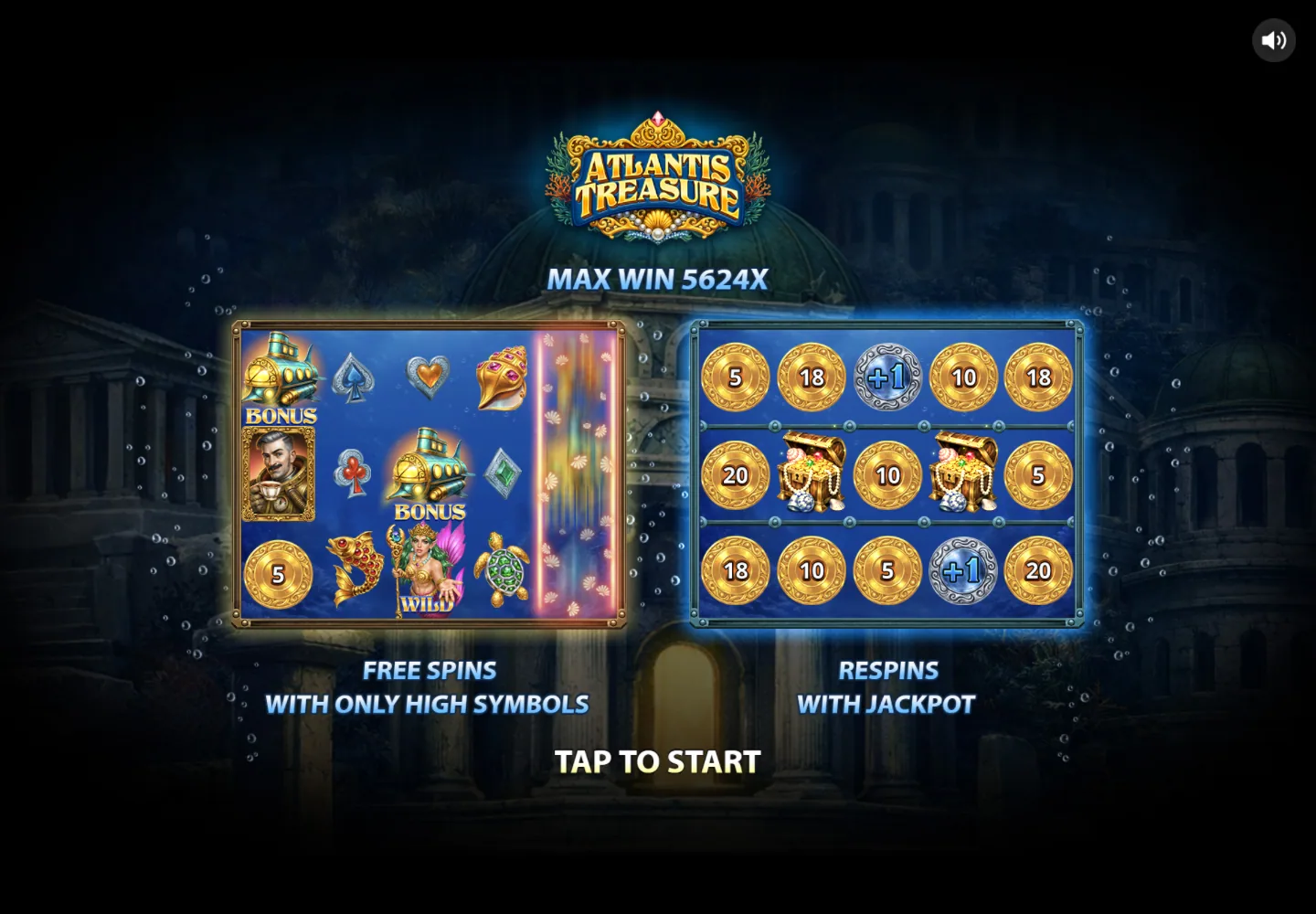 Atlantis Treasure introduction showing Free Spins and Jackpot respins